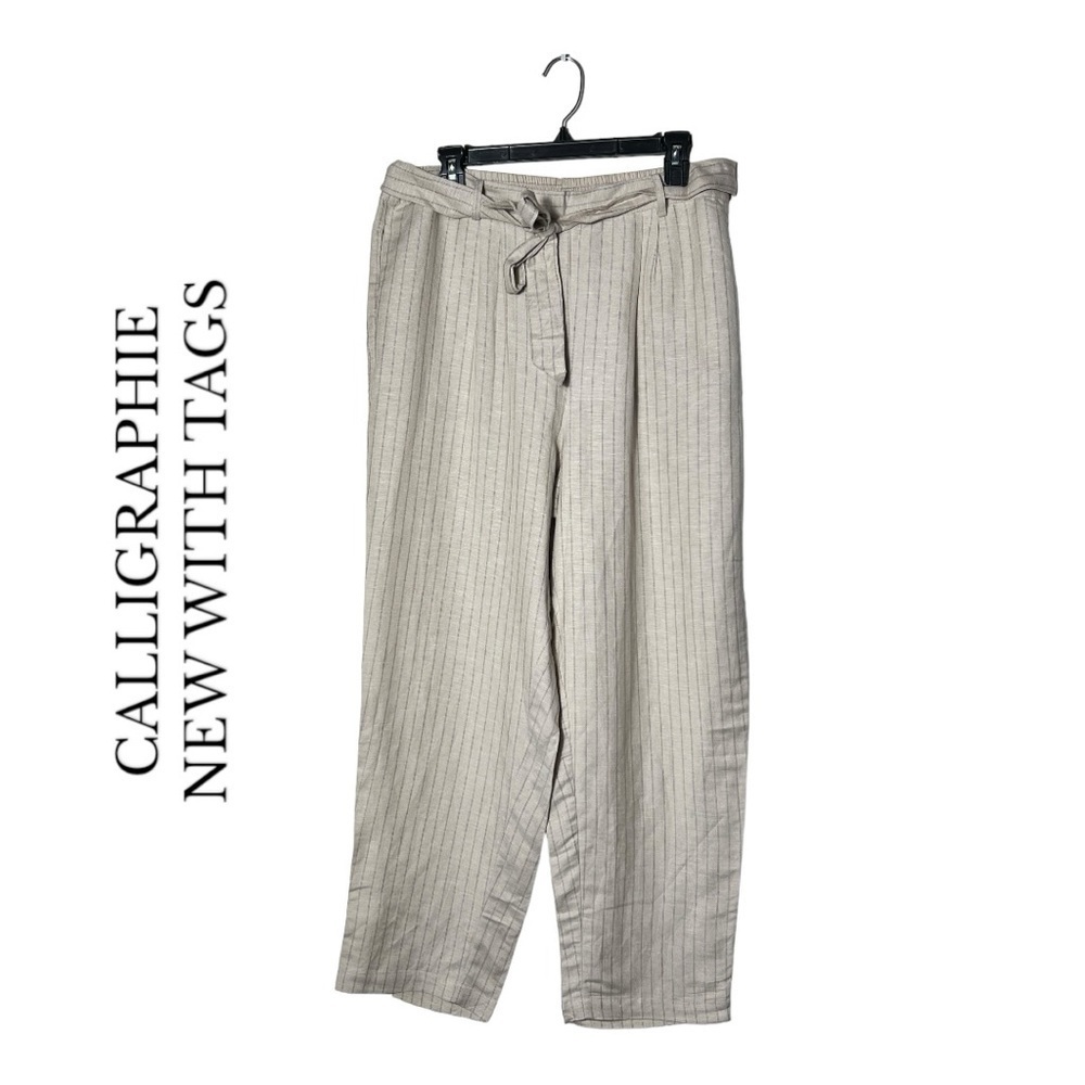 1924. CALLIGRAPHIE LINEN WIDE LEG PINSTRIPE PANTS WITH TIED BELT SIZE‎ LARGE